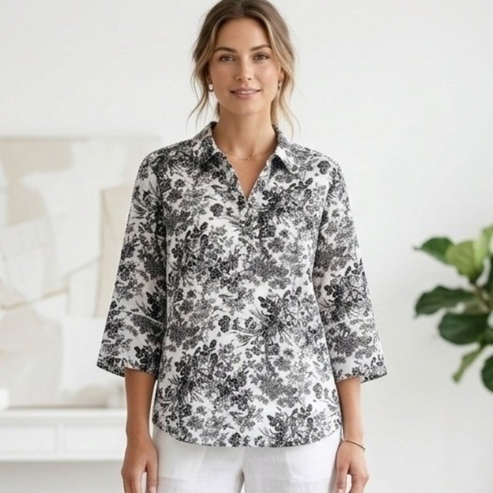 Isaac Mizrahi Blouse Womens 18W Black White Toile Clip Dot Pom Trim Tunic Top